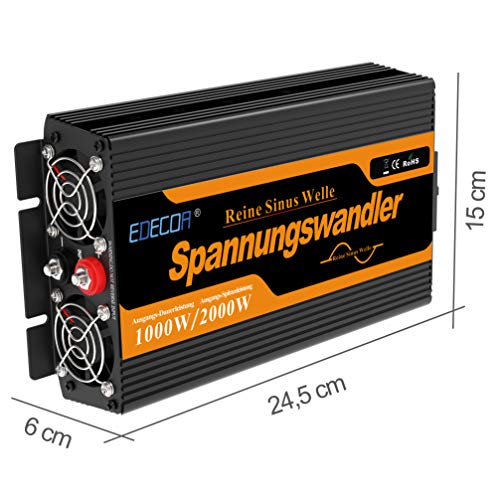 EDECOA Inversor 12v 220v Onda Pura 1000w convertidor de Corriente Transformador energia con Mando 2X USB con Sistema de Aislamiento galvanico (3a generacion)