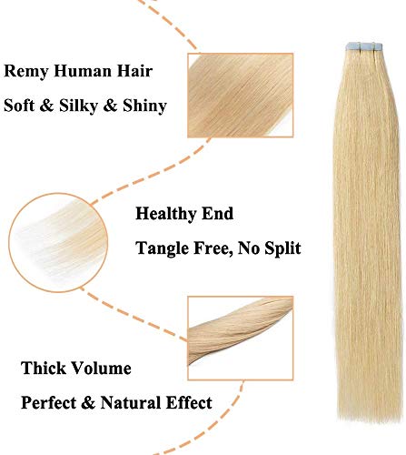 Elailite Extensiones Adhesivas Pelo Natural sin Clip 20 Mechas Cabello Humano Largo 20cm 30g #24 Rubio Natural