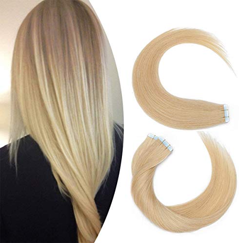 Elailite Extensiones Adhesivas Pelo Natural sin Clip 20 Mechas Cabello Humano Largo 20cm 30g #24 Rubio Natural