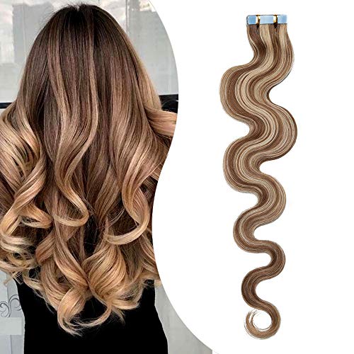 Elailite Extensiones Pelo Natural Adhesivas sin Clip Cabello Humano Rizado Ondulado 100% Remy con Tape 20 Mechas 40cm 50g #12P613 Castaño Dorado Balayage Rubio Muy Claro