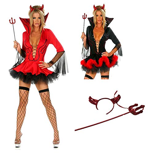 EroticoDisfraz de diablo de Halloween para mujer Disfraz de cuerno Traje de disfraz de diablo sexy para mujer-rojo_SG