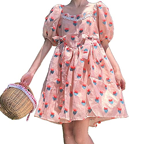 Esdlajks Vestido gótico de Lolita Japonés Verano Kawaii Vestidos Elegante Collar Cuadrado Lindo Manga de hojaldre Dulce niña Arco de Fresa Suelto Vestido (Color : Pink, Size : One Size)