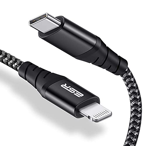 ESR Cable USB C a Lightning, (Certificado MFi), Cable de Carga Rápida PD de Nailon Trenzado para iPhone 13/13 Pro/13 mini/13 Pro Max/12/12 Pro/12 mini/12 Pro MAX y más, Tipo -C, 1 Metro Negro