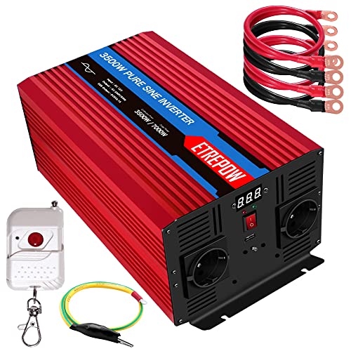 ETREPOW Inversor 12V 220v Onda Pura 3500W /7000W Convertidor de Voltaje con 2 Tomas UE y un USB de 2,1A, Mando a Distancia Inalámbrico, Pantalla Digital y 2 Ventiladores-Auto Transformador