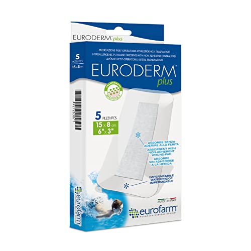 Euroderm Plus(cm 15 x cm 8) Apósito de poliuretano adhesivo con almohadilla central no adherente y de gran absorción,5 Unidades