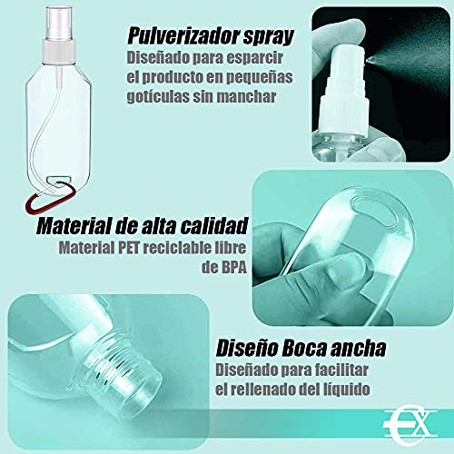 EUROXANTY Botella rellenable con tapón Spray | con mosquetón | Tapón estanco | 50 ml | Regalo posa móviles | para Viajes | Pack 6 Botellas con Spray