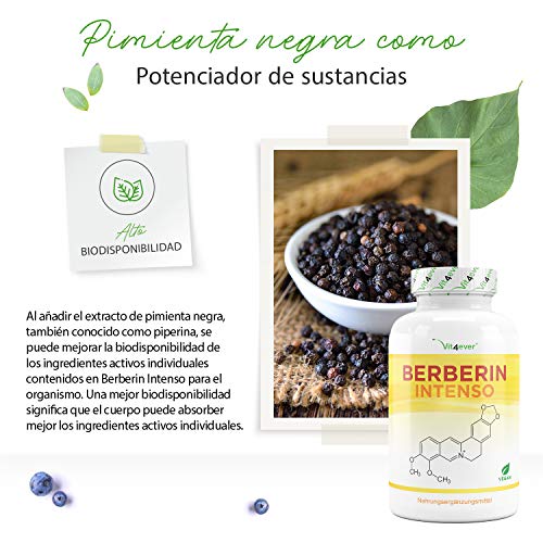 Extracto de Berberina HCL - 120 Cápsulas con 500 mg - Berberina Natural + Extracto de Pimienta Negra - Probado en laboratorio (Pureza y Contenido de Ingredientes Activos) - Alta Dosis - Vegano