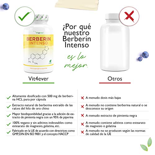 Extracto de Berberina HCL - 120 Cápsulas con 500 mg - Berberina Natural + Extracto de Pimienta Negra - Probado en laboratorio (Pureza y Contenido de Ingredientes Activos) - Alta Dosis - Vegano