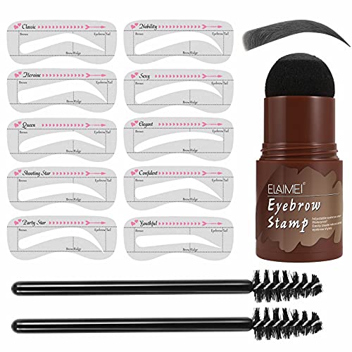 EyeBrow Stamp Kit Waterproof, Eyebrow Powder, Kit Stencil Sopracciglia, Eyebrow Stamp Stencil Kit with 10 Reusable Eyebrow Stencils, 2 Eyebrow Pen Brushes (Marrone scuro)