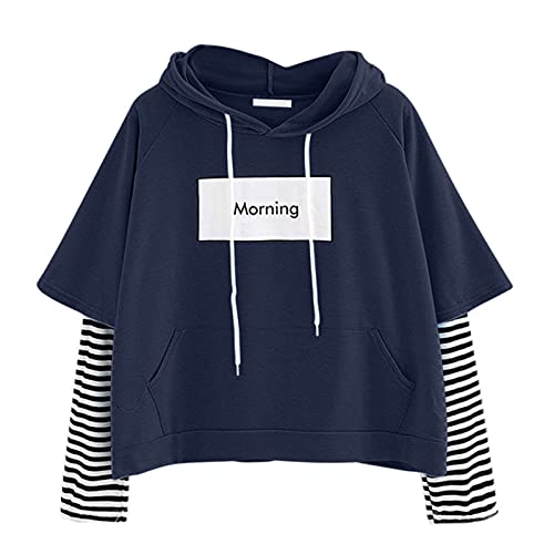 FACAIAFALO Sudadera con Capucha para Mujer,Sudaderas Adolescentes Chica de Raya Manga Larga Moda Casual Sudadera de Impresión Alfabética Pullover Tops Blusa Mejor Venta Superior