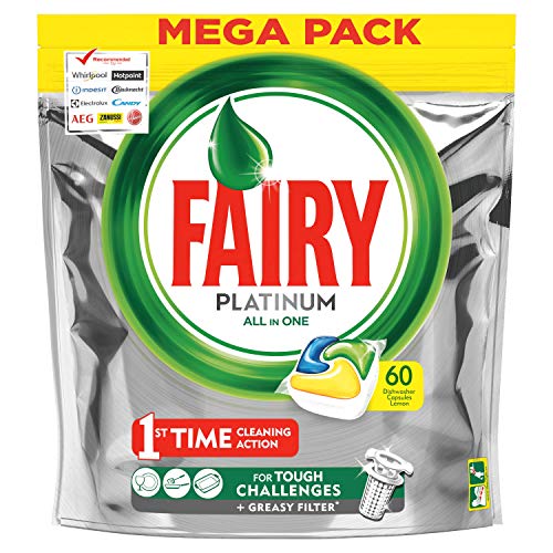 Fairy Platinum 60 pastillas para lavavajillas, detergente en paquete de 60 cápsulas de limón