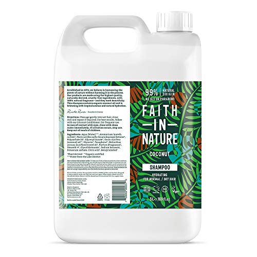 Faith in Nature Champú Natural de Coco, Hidratante, Vegano y No Testado en Animales, sin Parabenos ni SLS, para Cabello de Normal a Seco, Recarga de 5 l