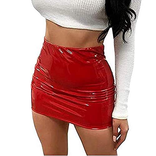 Falda sexy de piel para mujer, cintura alta, aspecto mojado, elástica, para fiestas y clubes., rojo, XL