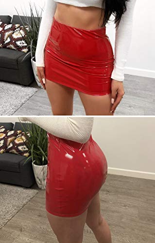 Falda sexy de piel para mujer, cintura alta, aspecto mojado, elástica, para fiestas y clubes., rojo, XL