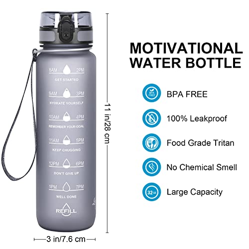 Favofit 1 Litro Botella de Agua Deportiva con Marcador de Tiempo Motivacional, Filtro de infusor de Frutas y Cepillo de Limpieza, a Prueba de Fugas, plástico Tritan sin BPA, Gris