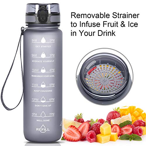 Favofit 1 Litro Botella de Agua Deportiva con Marcador de Tiempo Motivacional, Filtro de infusor de Frutas y Cepillo de Limpieza, a Prueba de Fugas, plástico Tritan sin BPA, Gris