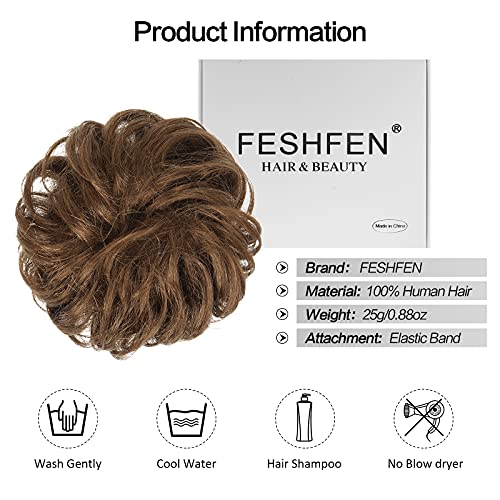 FESHFEN Moños Postizos de pelo Natural, 100% Cabello Real Extensiones de Cabello Postizos Voluminosos Moño Postizo Coletero Rizado Postizo Coleta Humano Postizos de pelo Mujeres Chicas, Marròn