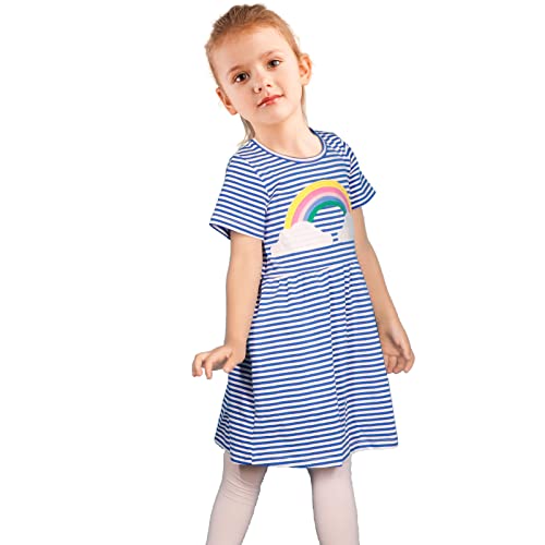 FILOWA Vestidos para Niña Arco Iris Estampados Azul Rayas Algodon Manga Corta Verano Casual Baratos Camiseta Vestidos Infantil 6-7 años, 7T