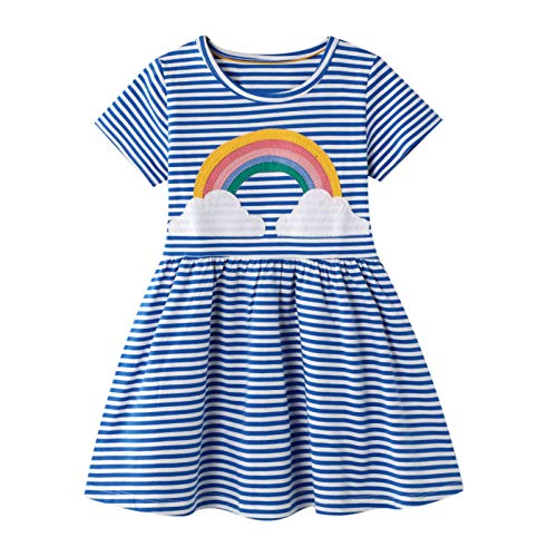 FILOWA Vestidos para Niña Arco Iris Estampados Azul Rayas Algodon Manga Corta Verano Casual Baratos Camiseta Vestidos Infantil 6-7 años, 7T