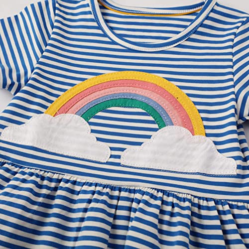 FILOWA Vestidos para Niña Arco Iris Estampados Azul Rayas Algodon Manga Corta Verano Casual Baratos Camiseta Vestidos Infantil 6-7 años, 7T