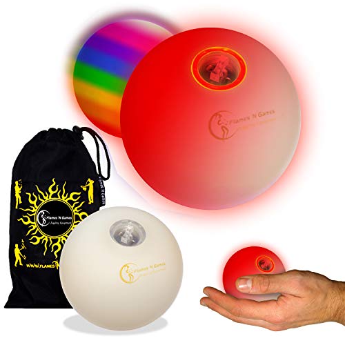 Flames 'N Games Juego de 3 bolas de malabarismo LED con luz LED, ultrabrillantes, funciona con pilas, con DVD de malabarismo instantáneo y bolsa de viaje con cordón, 3 unidades