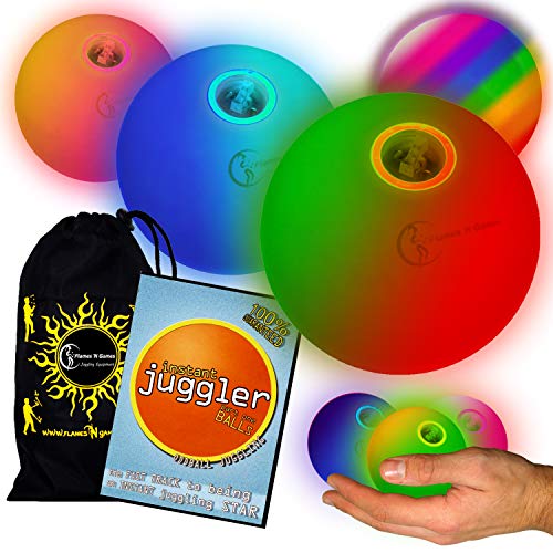 Flames 'N Games Juego de 3 bolas de malabarismo LED con luz LED, ultrabrillantes, funciona con pilas, con DVD de malabarismo instantáneo y bolsa de viaje con cordón, 3 unidades