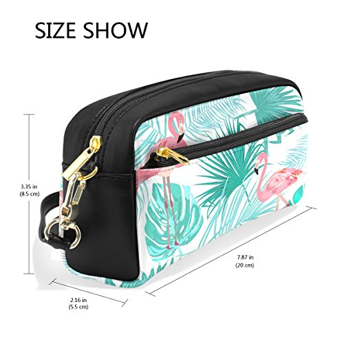 Flamingo Palm - Estuche para lápices, diseño de hojas de flamenco impresas, bolsa de viaje de maquillaje, gran capacidad, piel impermeable, 2 compartimentos para niñas, niños, mujeres y hombres