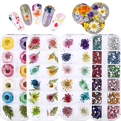 FLOFIA 4 Cajas Uñas flores secas 3D, Kit Uñas diamante de imitación, Nail art stickers decoración para DIY, Manicura, Salón profesional, 48 Cajitas estilos colores mezclados