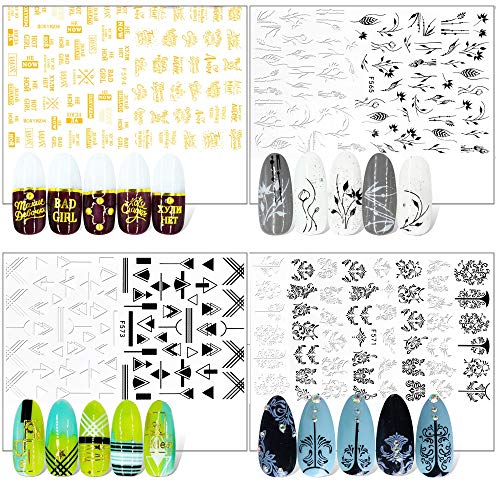 FLOFIA Pegatinas Uñas Adhesivas Plumas Flores Flamenco Hoja Planta Blanco y Negro Calcomanía Uñas Animal Tatuaje Uñas Nail Art Stickers para Decoración Manicura DIY