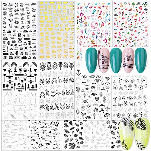 FLOFIA Pegatinas Uñas Adhesivas Plumas Flores Flamenco Hoja Planta Blanco y Negro Calcomanía Uñas Animal Tatuaje Uñas Nail Art Stickers para Decoración Manicura DIY