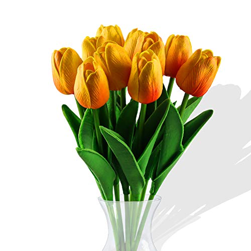 Flores de tulipán Artificiales,10 Piezas Real Touch Artificial Látex Tulipanes Flores Tulipanes Falsos Flores Ramos de Boda Flor Tulipán para Boda Hogar Jardín Decoración (Naranja)