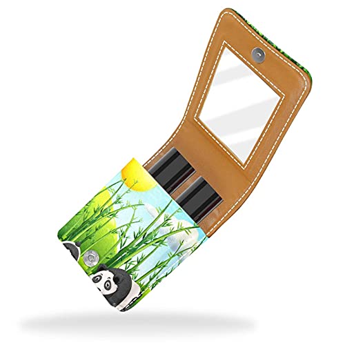 Four Pandas in The Green Bamboo Field - Estuche de lápiz labial exterior para monedero, mini bolsa de lápiz labial, bolsa de cosméticos de viaje con espejo para mujer, toma hasta 3 pintalabios