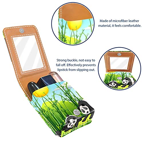 Four Pandas in The Green Bamboo Field - Estuche de lápiz labial exterior para monedero, mini bolsa de lápiz labial, bolsa de cosméticos de viaje con espejo para mujer, toma hasta 3 pintalabios