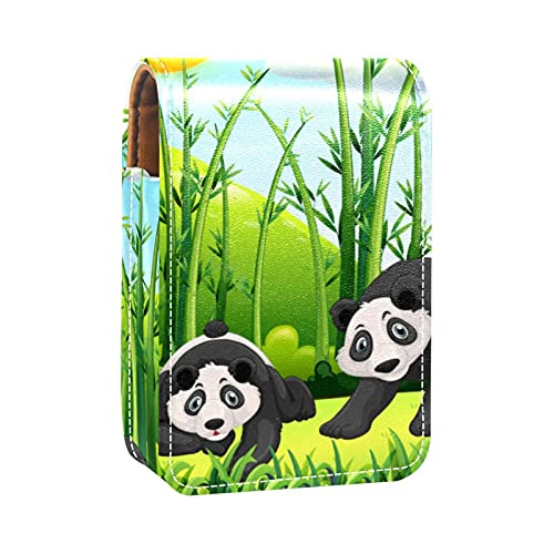 Four Pandas in The Green Bamboo Field - Estuche de lápiz labial exterior para monedero, mini bolsa de lápiz labial, bolsa de cosméticos de viaje con espejo para mujer, toma hasta 3 pintalabios