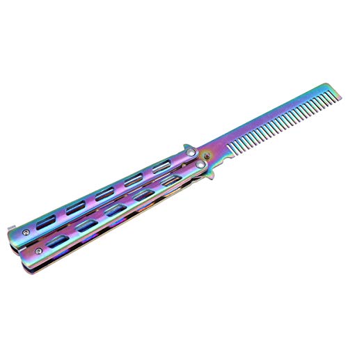 FRCOLOR Peine plegable para el cabello, peine de bolsillo con forma de mariposa arcoíris, peine de entrenamiento de acero inoxidable, herramienta de belleza para el cabello, barba