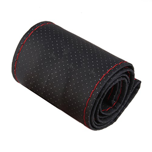 Funda Cubierta de Volante Coche Bricolaje Cuero Artificial Agujas Hilo Rojo Negro