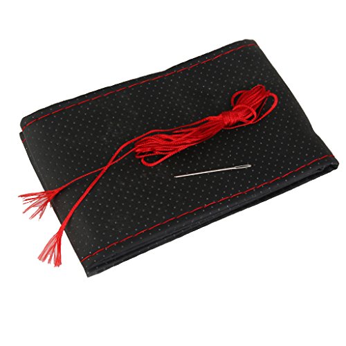 Funda Cubierta de Volante Coche Bricolaje Cuero Artificial Agujas Hilo Rojo Negro