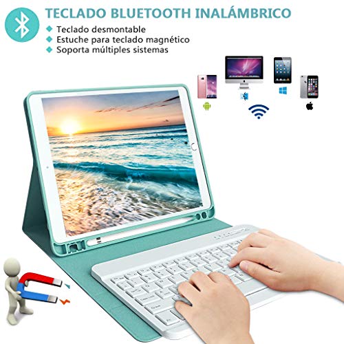 Funda Teclado iPad 10.2 9th Gen 2021, Funda iPad 2020 con Ranura para Lápiz y Español (Incluye Letra Ñ) Teclado Bluetooth Inalámbrico Desmontable para iPad Air 3/A2603/A2604/A2605- Cubierta Magnética