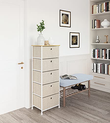 Gabinete de Almacenamiento Cajonera con 5 Cajónes Almacenaje Armario Alto Estrecho Organizador Cómoda de Tela Vertical para Cocina Dormitorio Entrada Salon Pasillo Madera Metal Blanco y Beige