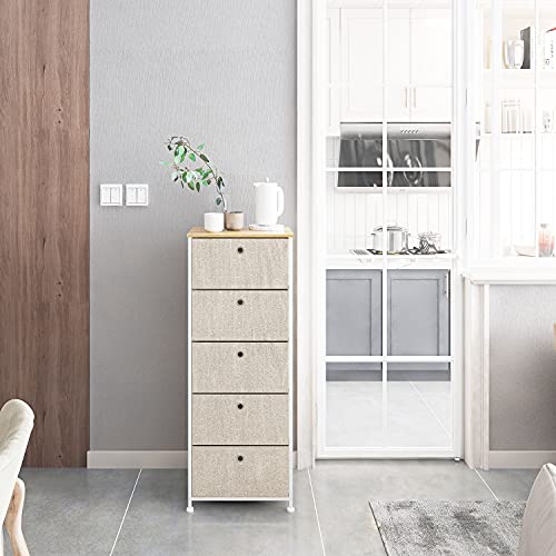 Gabinete de Almacenamiento Cajonera con 5 Cajónes Almacenaje Armario Alto Estrecho Organizador Cómoda de Tela Vertical para Cocina Dormitorio Entrada Salon Pasillo Madera Metal Blanco y Beige