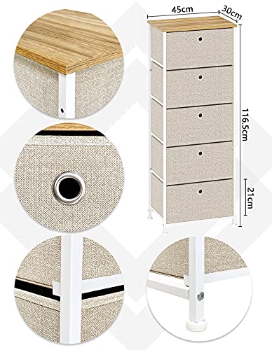 Gabinete de Almacenamiento Cajonera con 5 Cajónes Almacenaje Armario Alto Estrecho Organizador Cómoda de Tela Vertical para Cocina Dormitorio Entrada Salon Pasillo Madera Metal Blanco y Beige