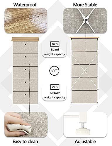 Gabinete de Almacenamiento Cajonera con 5 Cajónes Almacenaje Armario Alto Estrecho Organizador Cómoda de Tela Vertical para Cocina Dormitorio Entrada Salon Pasillo Madera Metal Blanco y Beige