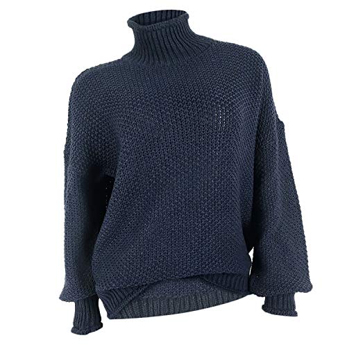 Gaetooely Jersey de Cuello Alto de Gran Tama？O para Mujer Jersey de Manga Larga con Alas de MurciéLago Jersey de Punto Grueso Suelto Azul Marino Talla XL