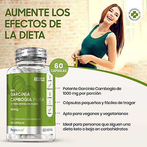 Garcinia Cambogia Pura 60 Cápsulas 1000 mg Vegano - Garcinia Cambogia Natural del Fruto Entero con HCA Natural (Ácido Hidroxicítrico), Suplemento Dietético Sin Gluten ni Lactosa Dieta Keto