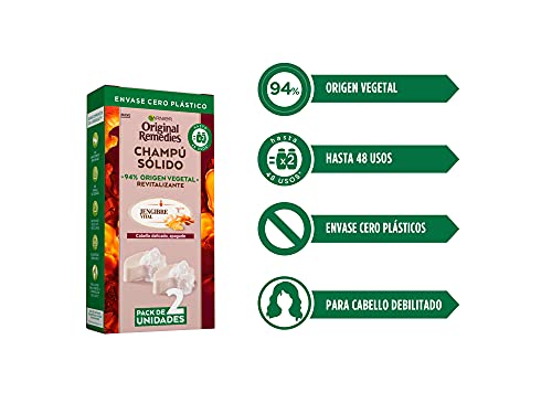 Garnier Original Remedies, Champú Sólido, Jengibre Vital para Cabello Debilitado y Apagado, Jengibre y Aceite de Almendra Ecológico, Nutre y Revitaliza, 94% Origen Vegetal, 48 Usos, Pack de 2, 60 g