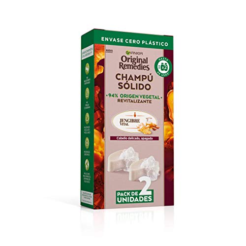 Garnier Original Remedies, Champú Sólido, Jengibre Vital para Cabello Debilitado y Apagado, Jengibre y Aceite de Almendra Ecológico, Nutre y Revitaliza, 94% Origen Vegetal, 48 Usos, Pack de 2, 60 g