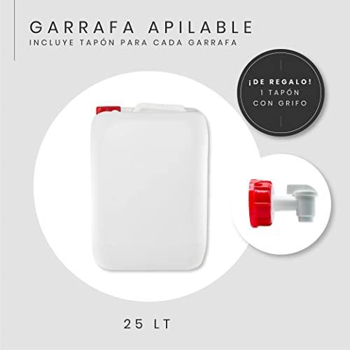 Garrafa bidon de plastico de 25 litros + Grifo para agua homologado ADR boca ancha ideal para agua gasolina y químicos también como deposito para aire acondicionado camping furgoneta camper