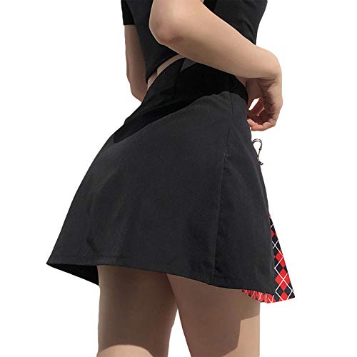 Geagodelia Mini falda de encaje patchwork sexy plisado cintura alta gótica Y2k estética Academy oscuro punk falda, negro/rojo, 36