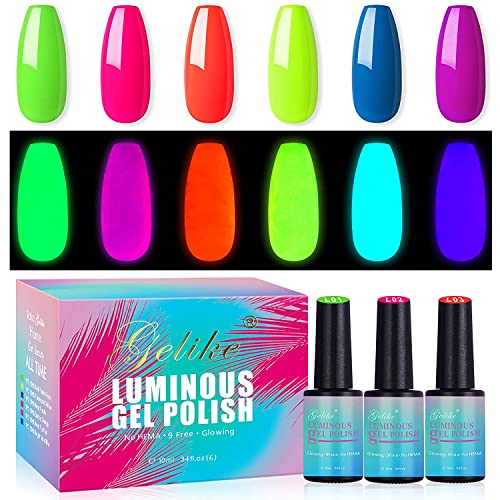 Gelike Esmalte Semipermanente Neon para Uñasen Gel UV LED, 6 Colores 10ml Gel Soak Off para Manicura Fluorescencia Naranja Rosa Amarillo Verde Violeta Azul, Brilla en la oscuridad (Fluo Neon)