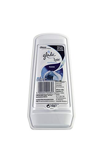 GLADE Gel Ambientador Absorbeolores de Larga duración para baños armarios y Espacios pequeños, Fragancia Marine aceites Esenciales, 1 unidad-150 gr, Azul, 1 Unidad (Paquete de 1)